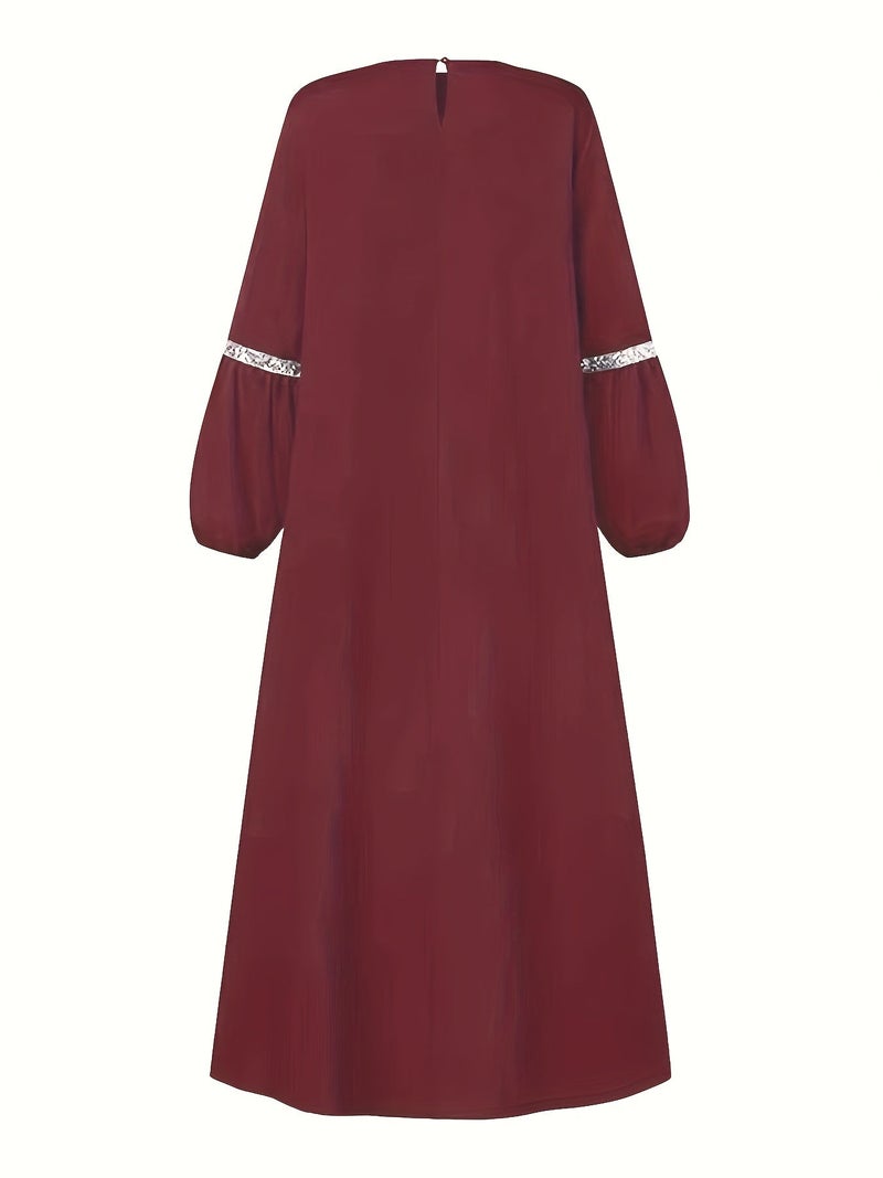 Muslim Middle Eastern New Women's Arabic Sequin Patchwork Elegant Round Neck Long Sleeve Abaya - Image 2