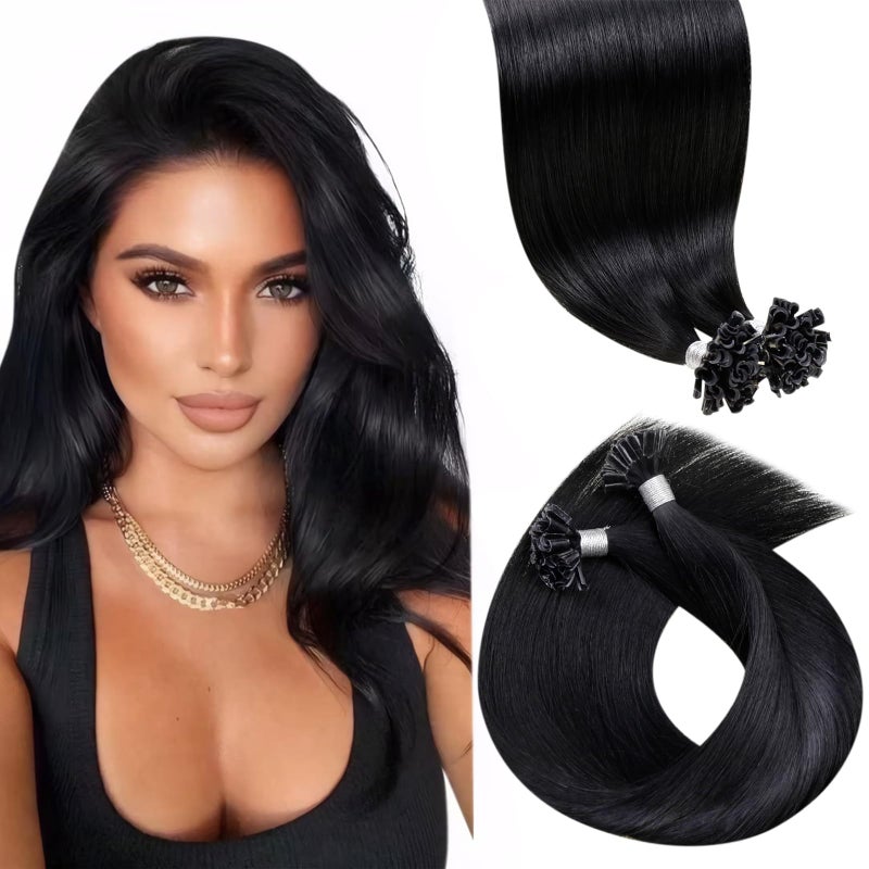 LaaVoo K Tip Hair Extensions Real Human Hair Black U tip Hair Extensions Human Hair Ktips Extensions Jet Black Silky Straight 50g 50s 18 Inch - Image 1