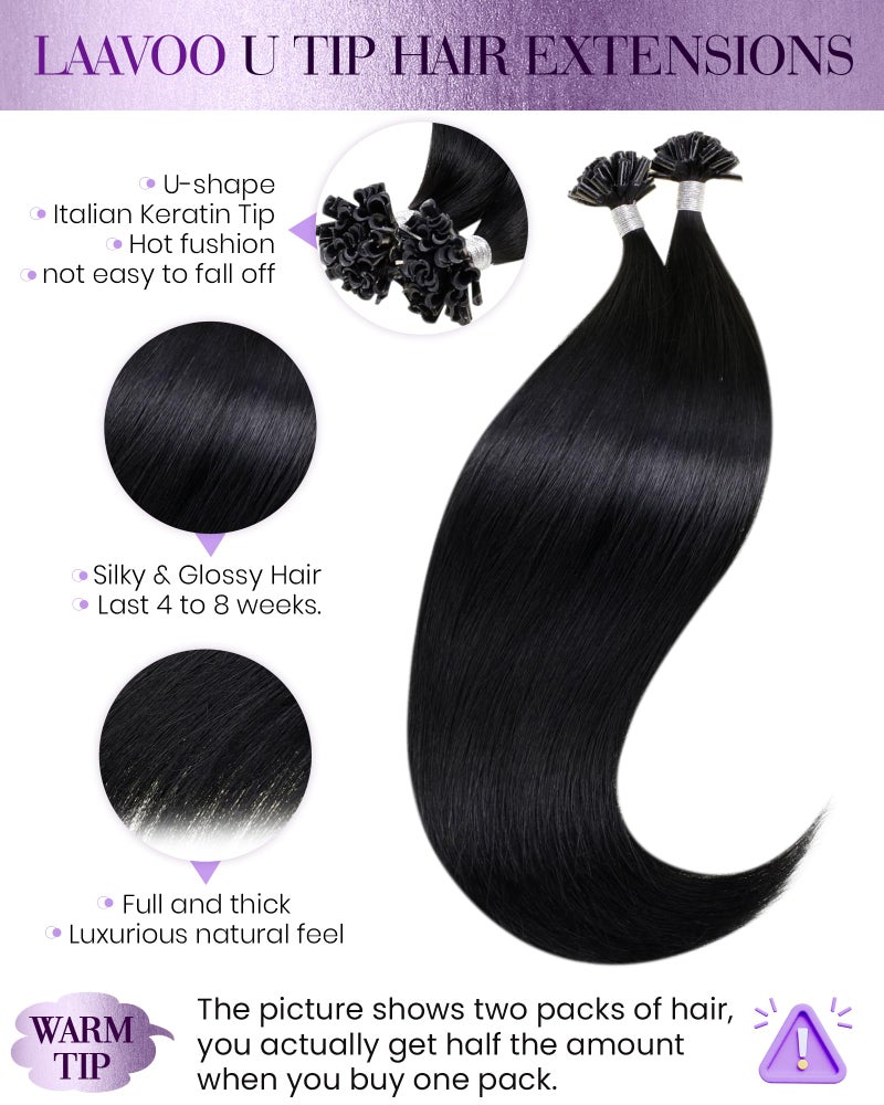 LaaVoo K Tip Hair Extensions Real Human Hair Black U tip Hair Extensions Human Hair Ktips Extensions Jet Black Silky Straight 50g 50s 18 Inch - Image 2