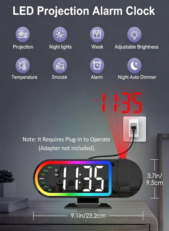 JXTZ Projection Alarm Clock for Bedroom Ceiling, 8.5" Large Display Alarm Clock with 180° Rotatable Projector, 4 Brightness, 17 Ambient Light, Temp & Weekday, Snooze, Digital Clocks for Home Decor - Image 2