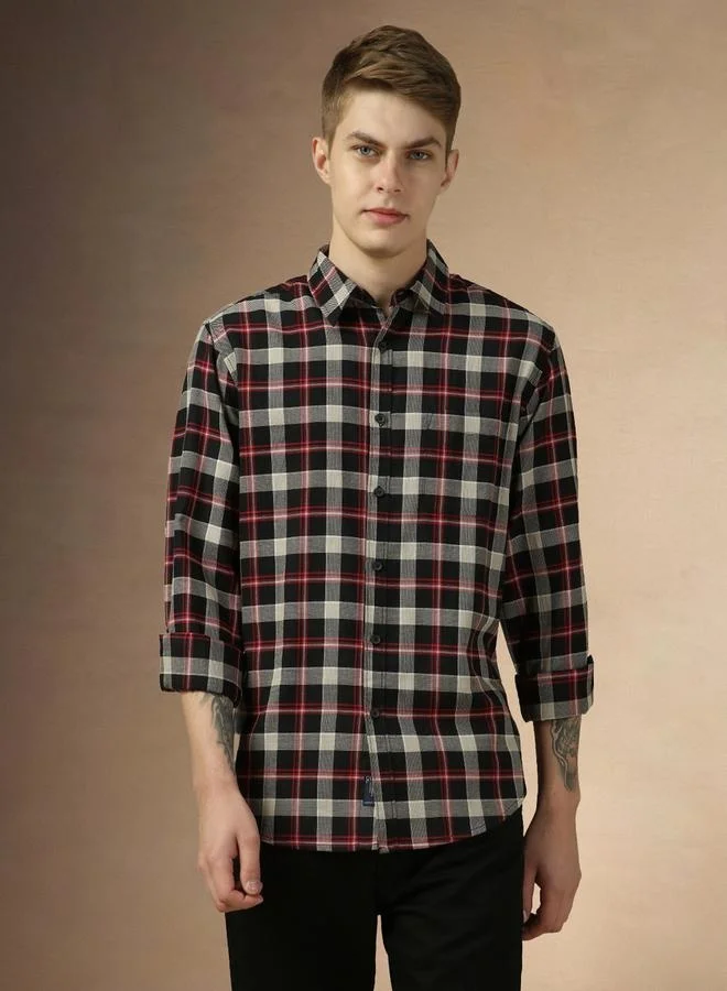 Dennis Lingo Dennis Lingo Checked Relaxed Fit Spread Collar Curved Hem Shirt