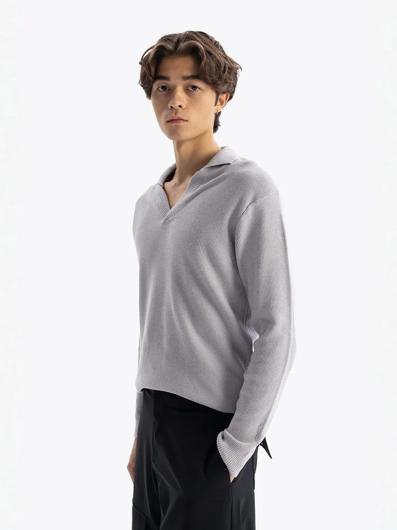 Giesto Grey GIESTO V-Neck Ribbed Knit Sweatshirt for Men | Best Price UAE