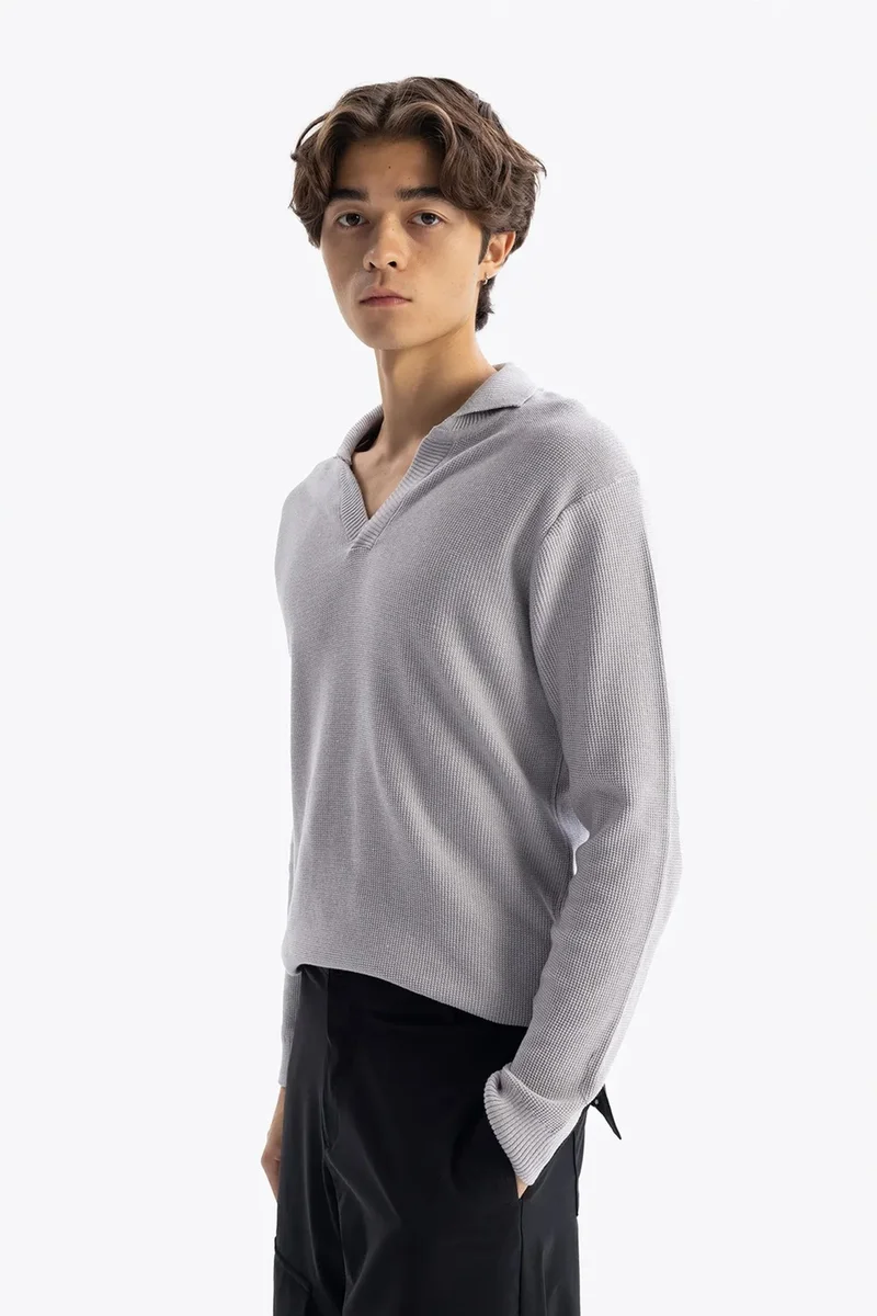 Giesto Grey GIESTO V-Neck Ribbed Knit Sweatshirt for Men | Best Price UAE