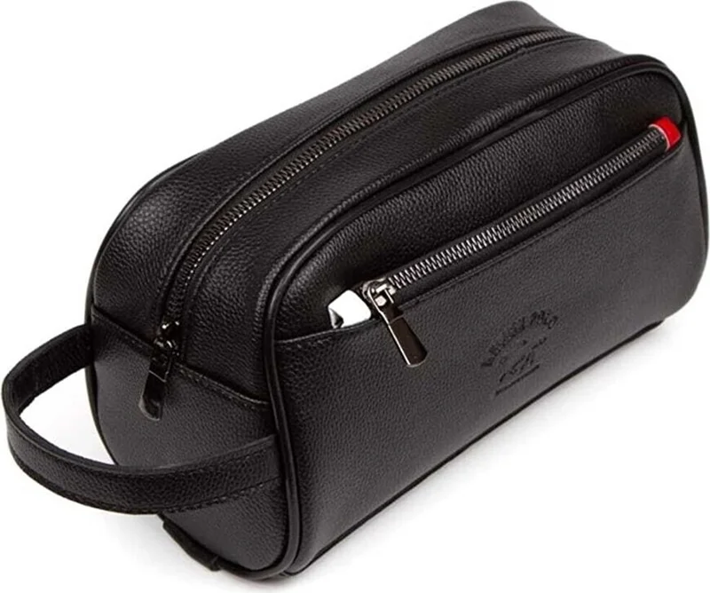 اديلينا باجز Black Leather Portfolio Clutch Bag Travel Shaving Cosmetic Clutch Bag