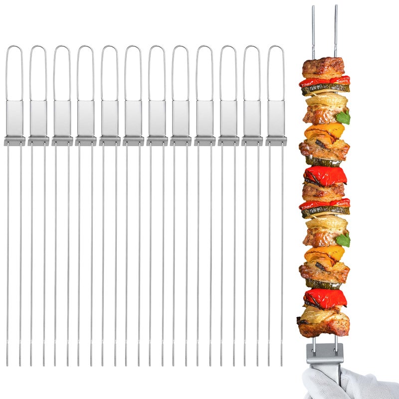 Lucalda Kabob Skewers  17 12 Pack Metal Skewers For Kabobs with Push Bar Double Pronged AntiRoll Flat BBQ Skewer for Grilling Stainless Steel Reusable Kebab Skewer for Meat Shrimp Chicken Veggie