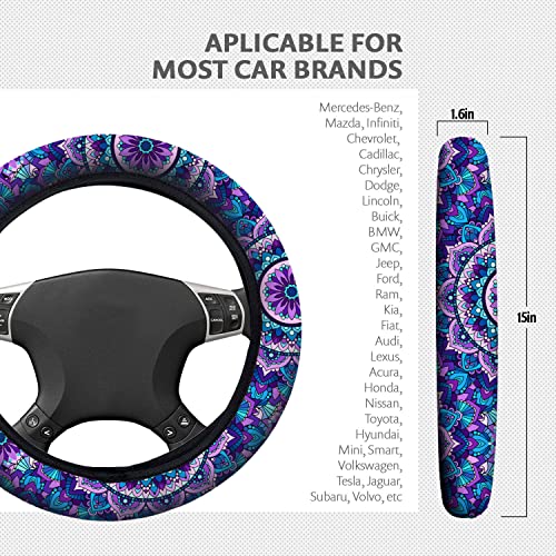 Zadin 4 Pieces Mandala Purple Lotus Steering Wheel Cover Set with 2pcs Car Cup Coasters & Quarter Keyring, Cute and Fashionable Non-Slip Purple Steering Wheel Cover, Universal Fit 14-15.5 inches - Image 5