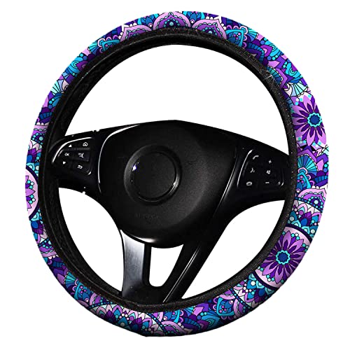 Zadin 4 Pieces Mandala Purple Lotus Steering Wheel Cover Set with 2pcs Car Cup Coasters & Quarter Keyring, Cute and Fashionable Non-Slip Purple Steering Wheel Cover, Universal Fit 14-15.5 inches - Image 4