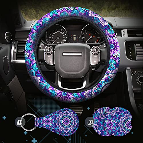 Zadin 4 Pieces Mandala Purple Lotus Steering Wheel Cover Set with 2pcs Car Cup Coasters & Quarter Keyring, Cute and Fashionable Non-Slip Purple Steering Wheel Cover, Universal Fit 14-15.5 inches - Image 1