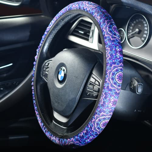 Zadin 4 Pieces Mandala Purple Lotus Steering Wheel Cover Set with 2pcs Car Cup Coasters & Quarter Keyring, Cute and Fashionable Non-Slip Purple Steering Wheel Cover, Universal Fit 14-15.5 inches - Image 2