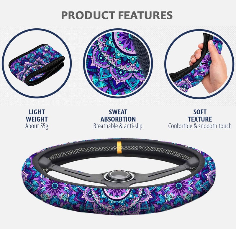Zadin 4 Pieces Mandala Purple Lotus Steering Wheel Cover Set with 2pcs Car Cup Coasters & Quarter Keyring, Cute and Fashionable Non-Slip Purple Steering Wheel Cover, Universal Fit 14-15.5 inches - Image 3