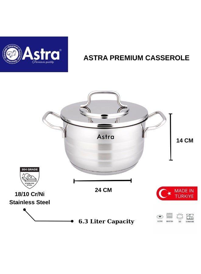 ASTRA Premium Stainless Steel Casserole Pot, 24cm, 6.3 Liter, Induction Compatible - Image 2