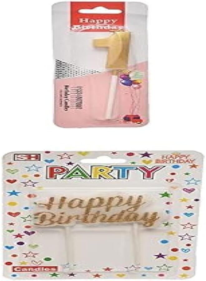 Small birthday glitter candle with number 1 design for cake decoration - gold + Large birthday glitter candle with happy birthday design for cake decoration - gold white