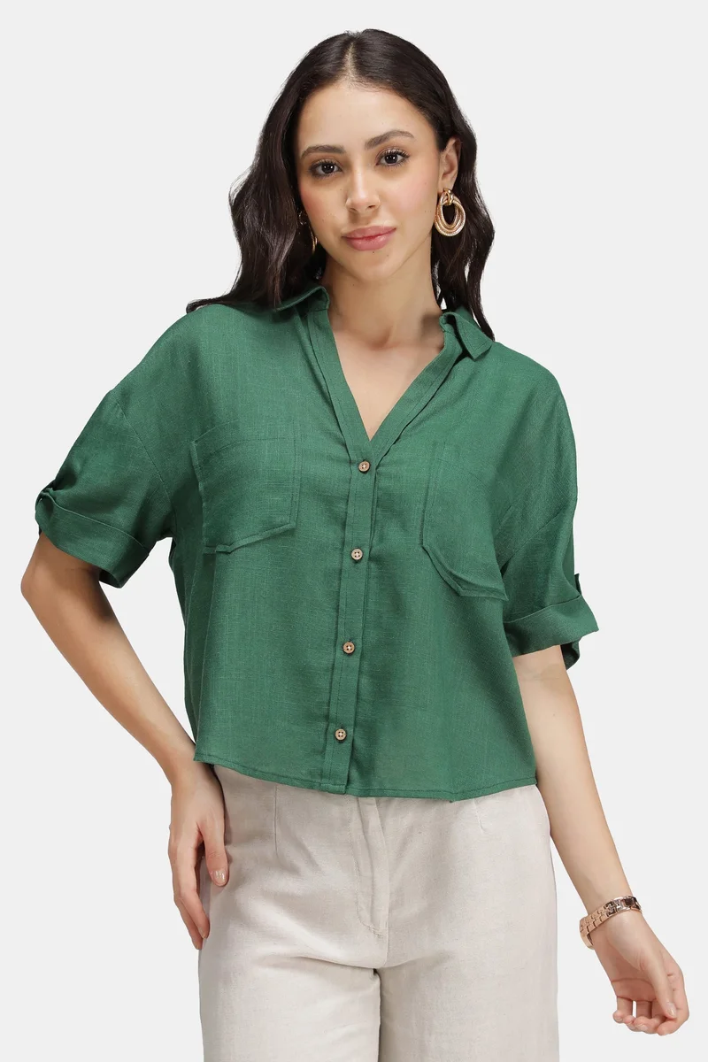 Virgio Solid Linen Boxy Shirt With Curved Hem for Women