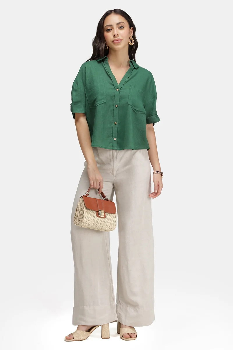 Virgio Solid Linen Boxy Shirt With Curved Hem for Women