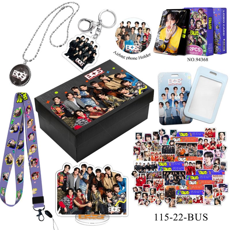 BUS KPop Gift Set – Lemo Cards, Keychain, Necklace, Lanyard, Acrylic Stand, Stickers, Airbag Phone Holder – Fan Collectible Box for Women & Girls
