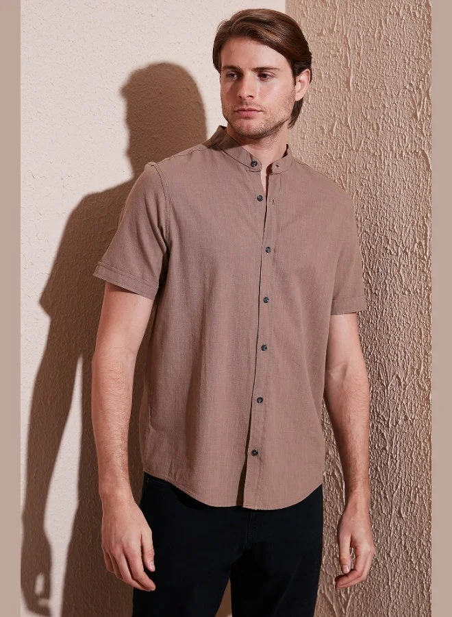 بوراتي قميص رجالي بياقة واقفة وأكمام قصيرة من القطن والكتان من بوراتي