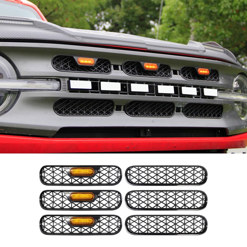 Front Mesh Grille Inserts Amber Light Compatible with 20212025 Ford Bronco Big Bend Outer Banks Grill Frame Trim Covers Accessories