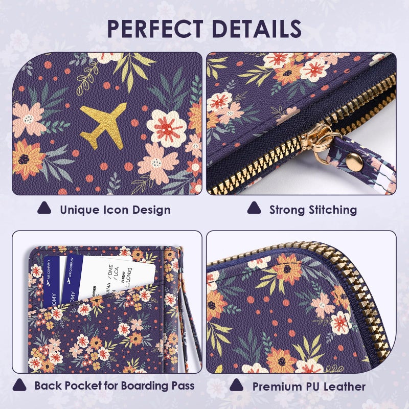 KONVINIT Passport Holder, Passport Holder For Travel, Passport Cover For Travel Essentials, Passport Wallet Cover RFID Blocking, Cute Passport Book for Women and Men, Navy Blue Flowers - Image 5