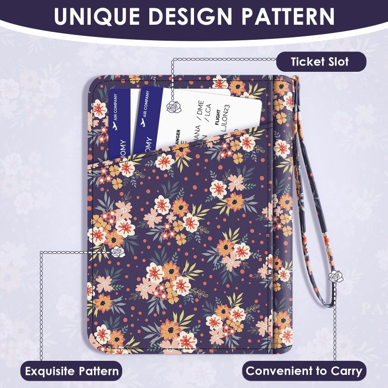 KONVINIT Passport Holder, Passport Holder For Travel, Passport Cover For Travel Essentials, Passport Wallet Cover RFID Blocking, Cute Passport Book for Women and Men, Navy Blue Flowers - Image 3