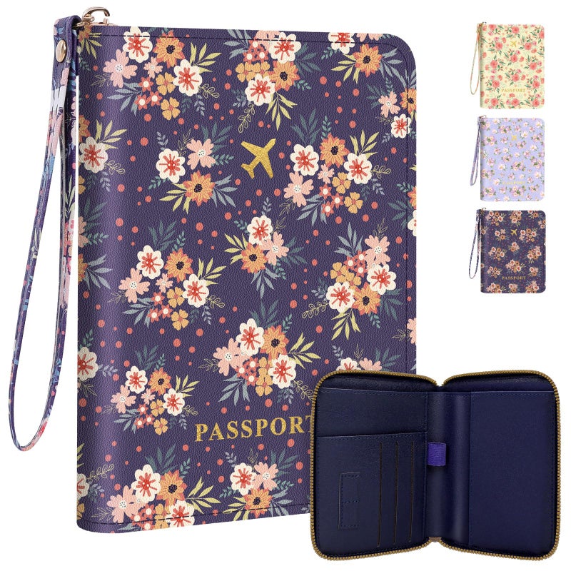 KONVINIT Passport Holder, Passport Holder For Travel, Passport Cover For Travel Essentials, Passport Wallet Cover RFID Blocking, Cute Passport Book for Women and Men, Navy Blue Flowers - Image 1