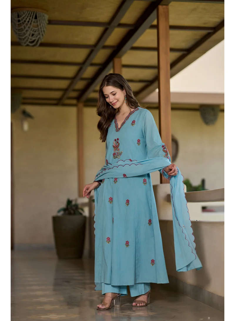 Priya’s Panache blue Women Anarkali Premium Mul Cotton Kurta Set 3 Piece - Indian Ethnic Wear Kurti Set with Pants & Embroidered Dupatta - Floral Embroidered Cotton Suit for Ladies for Women | Best Price UAE