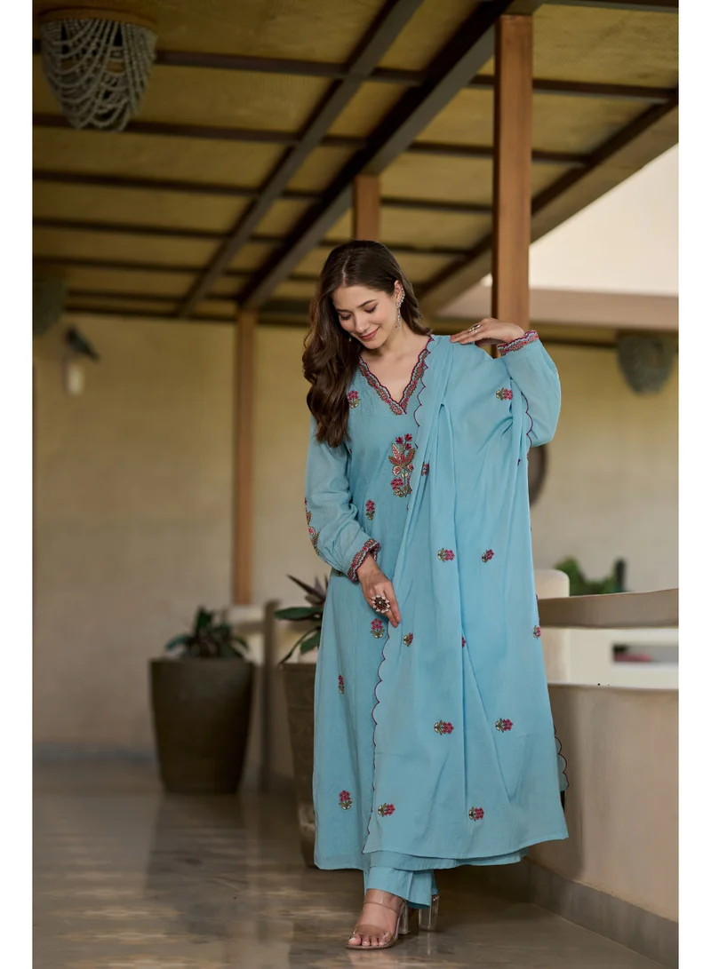 Priya’s Panache blue Women Anarkali Premium Mul Cotton Kurta Set 3 Piece - Indian Ethnic Wear Kurti Set with Pants & Embroidered Dupatta - Floral Embroidered Cotton Suit for Ladies for Women | Best Price UAE