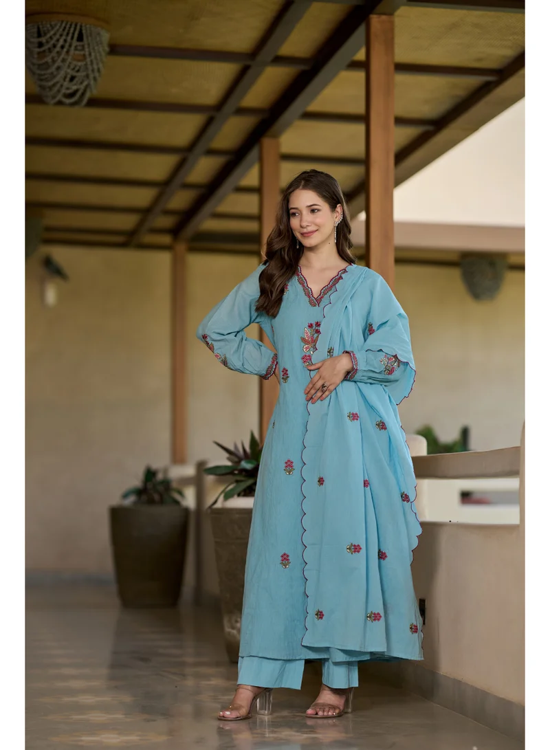 Priya’s Panache blue Women Anarkali Premium Mul Cotton Kurta Set 3 Piece - Indian Ethnic Wear Kurti Set with Pants & Embroidered Dupatta - Floral Embroidered Cotton Suit for Ladies for Women | Best Price UAE