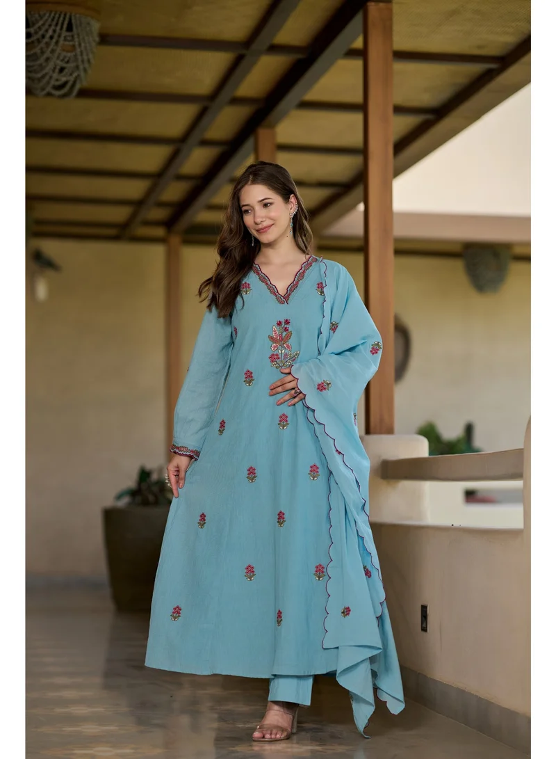 Priya’s Panache blue Women Anarkali Premium Mul Cotton Kurta Set 3 Piece - Indian Ethnic Wear Kurti Set with Pants & Embroidered Dupatta - Floral Embroidered Cotton Suit for Ladies for Women | Best Price UAE