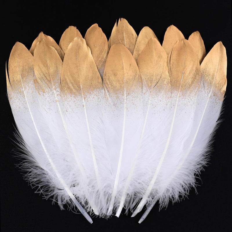 Larryhot Dipped Gold & White Goose Feathers for Cfafts - 6-8 inch 60 pcs Natural Feathers for Wedding Party Decorations,DIY Crafts and Table Centerpiece(Gold & White) - Image 1