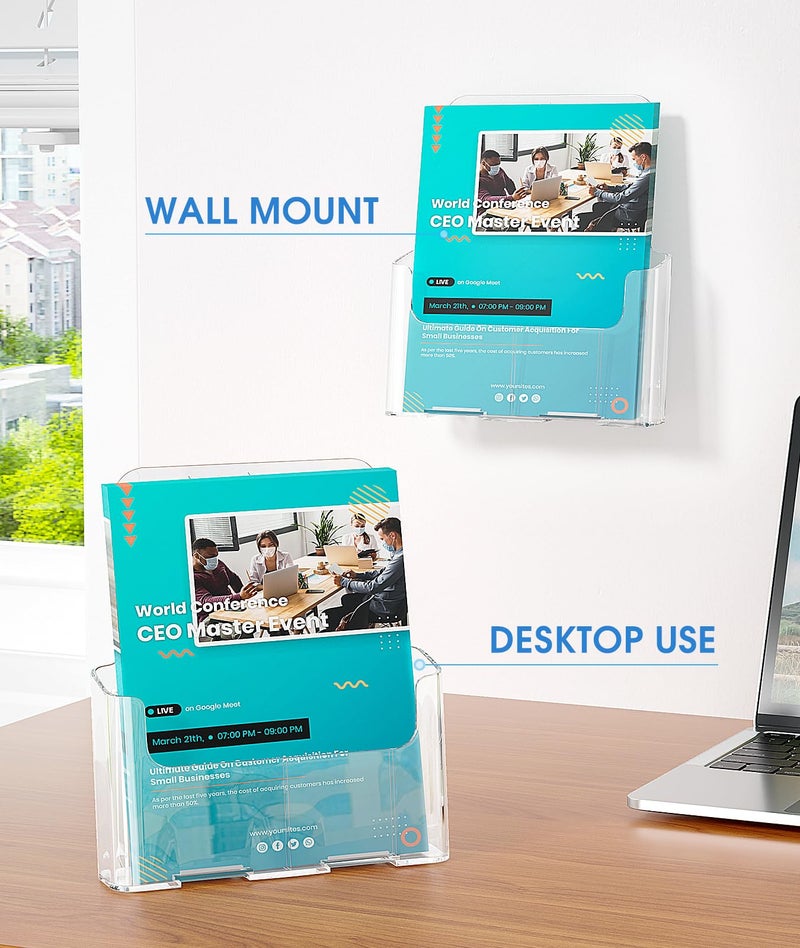 KTRIO Acrylic Brochure Holder 8.5 x 11 Clear Flyer Display Stand, Plastic Literature Holder for Trifold Brochures, Magazines, Menus, Pamphlets, Booklets, Documents, Desk or Wall Mount, 4 Pack - Image 4