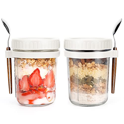 PFUM Overnight Oats Jars with Spoon and Lid 16 oz [2 Pack], Airtight Oatmeal Container with Measurement Marks, Mason Jars with Lid for Cereal On The Go Container (2pcs white) - Image 1