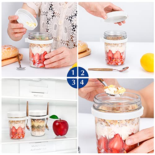 PFUM Overnight Oats Jars with Spoon and Lid 16 oz [2 Pack], Airtight Oatmeal Container with Measurement Marks, Mason Jars with Lid for Cereal On The Go Container (2pcs white) - Image 5