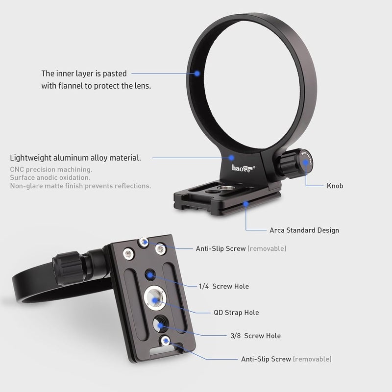 Haoge LMR-SM140 Lens Collar Replacement Foot Tripod Mount Ring Socket Stand Base for Sigma 100-400mm f/5-6.3 DG OS HSM Lens (Canon EF-Mount or Nikon F-Mount) Built-in Arca Type Quick Release Plate - Image 4