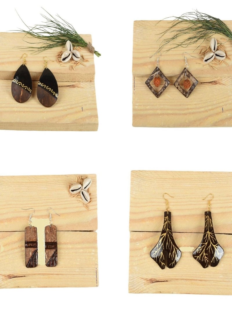 N & H N&H Eco-friendly Handmade Jewellery 4 Pairs Coconut Wooden Earrings Lightweight Hoopwire Earrings Bohemian Pendant Dangle Earrings Set  - Image 1