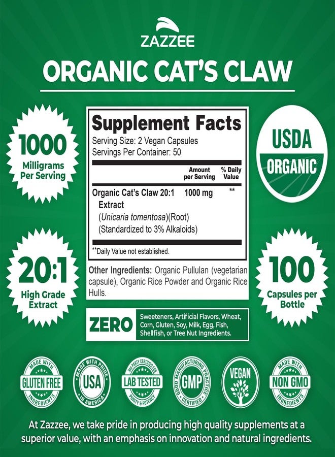 Zazzee USDA Organic Cat’s Claw 20:1 Extract, 1000 mg per Serving, 3% Alkaloids, 100 Vegan Capsules, Uncaria Tomentosa, Immune, Joint & Antioxidant Support, All-Natural, Non-GMO, Made in the USA - Image 3