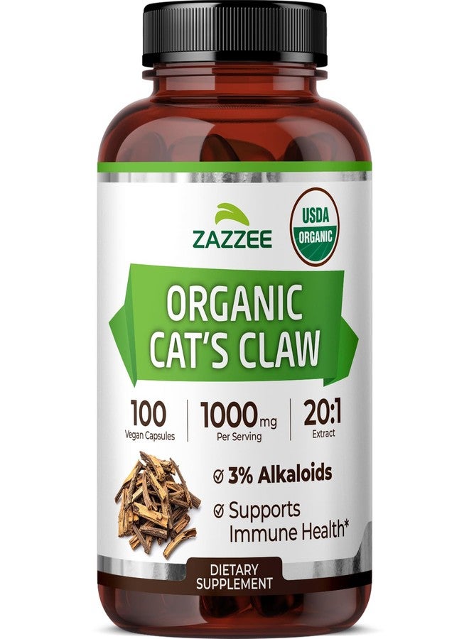 Zazzee USDA Organic Cat’s Claw 20:1 Extract, 1000 mg per Serving, 3% Alkaloids, 100 Vegan Capsules, Uncaria Tomentosa, Immune, Joint & Antioxidant Support, All-Natural, Non-GMO, Made in the USA - Image 1