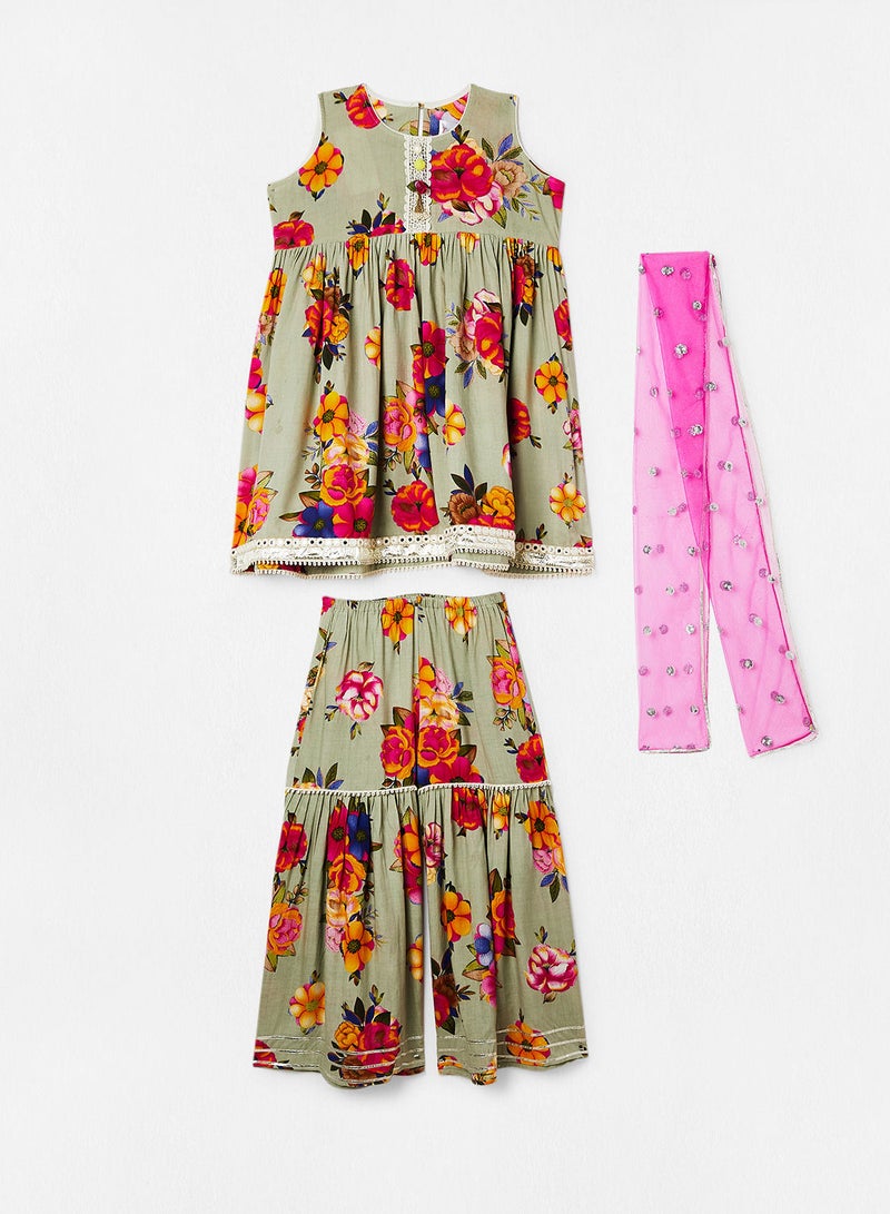 Kids Floral Top, Sharara and Dupatta Set