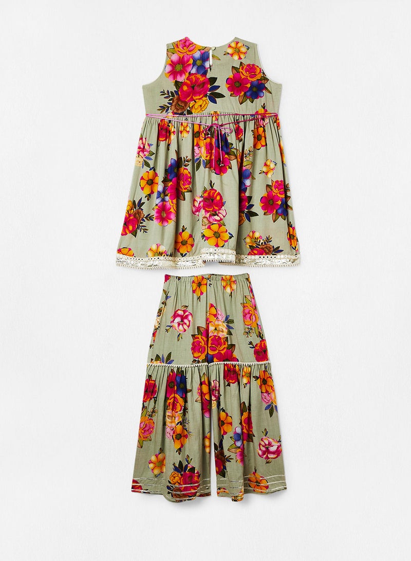 Kids Floral Top, Sharara and Dupatta Set