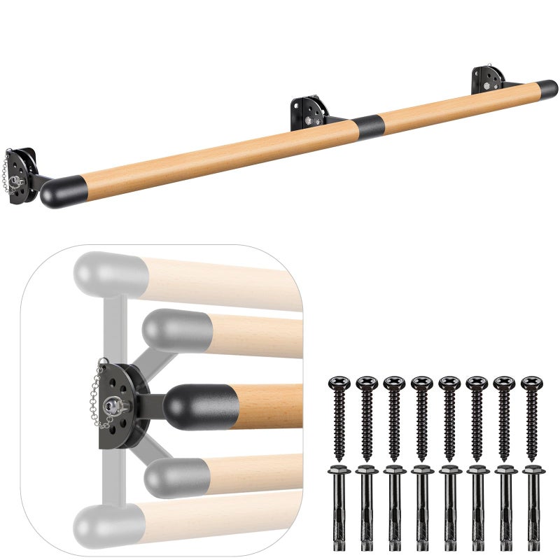 Kipika Kipika Wall Mounted Traditional Solid Wood Ballet Barre System, Stretch/Dance Bar for Home Workout Dance Equipment, Durable Metal Support, Height Adjustment, 6 FT Long, 1 1/2" Diameter - Image 1