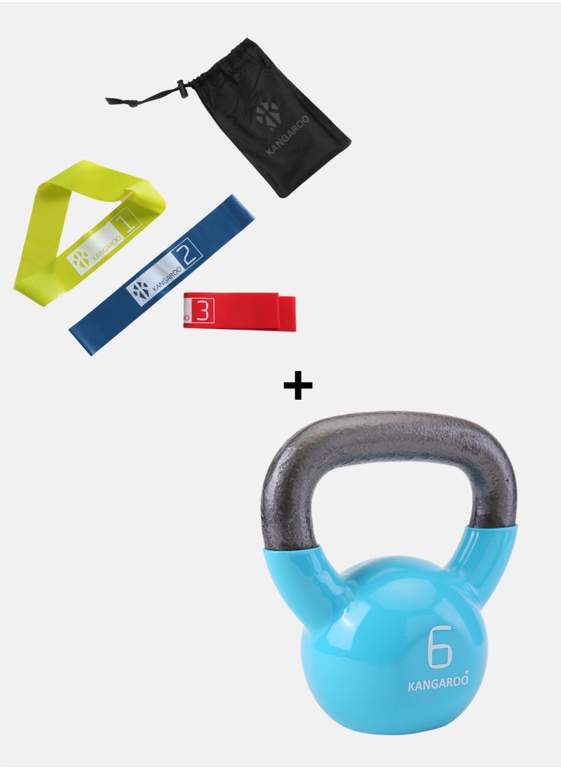 KANGAROO Kettlebell 6kg Cast Iron Vinyl Coated with Kangaroo Resistance Band Loop Set 3 Levels of Rubber 