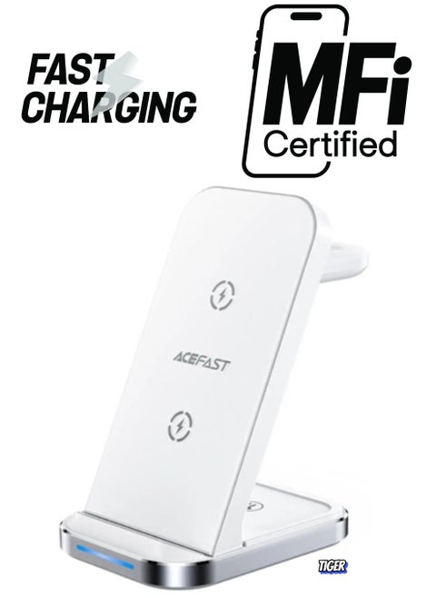 E15 3-in-1 Wireless Charging Station for iPhone, AirPods, and Apple Watch – Fast and Efficient Charging in One Compact Station – Sleek White Design for Home or Office