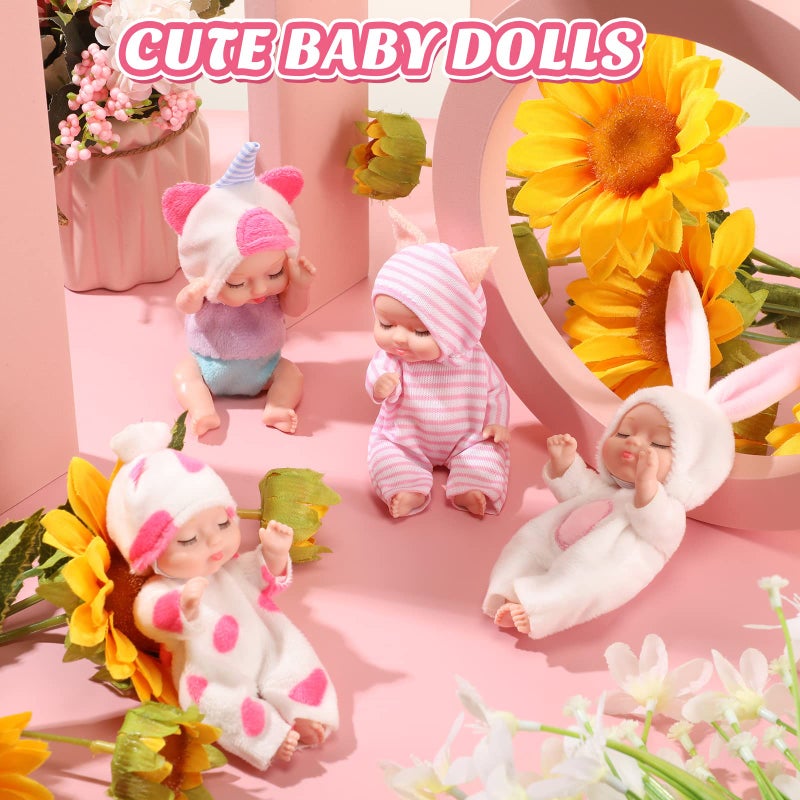 Hanaive 4 Pcs 4 Inch Mini Baby Dolls Lifelike Realistic Baby Dolls Animal Clothes Cute Tiny Gifts for Kids Birthday Party(Lovely Style) - Image 4
