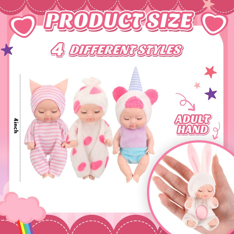 Hanaive 4 Pcs 4 Inch Mini Baby Dolls Lifelike Realistic Baby Dolls Animal Clothes Cute Tiny Gifts for Kids Birthday Party(Lovely Style) - Image 2
