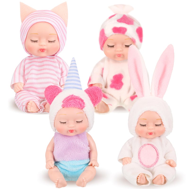 Hanaive 4 Pcs 4 Inch Mini Baby Dolls Lifelike Realistic Baby Dolls Animal Clothes Cute Tiny Gifts for Kids Birthday Party(Lovely Style) - Image 1