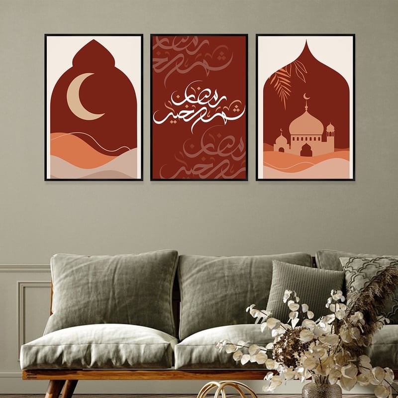 ماركتنا ثلاث لوحات قماشية بتصميم اسلامي لشهر رمضان مع برواز مجوف مقاس (90×40) ثلاث قطع - Image 3