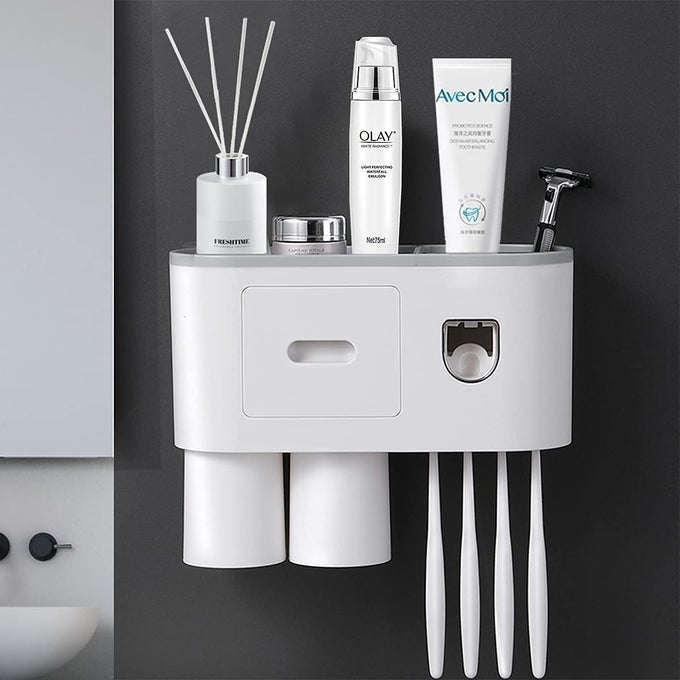 MULTIFUNCTIONAL WALL MOUNTED SPACE SAVING TOOTHPASTE SQUEEZER PLASTIC AUTOMATIC TOOTHPASTE DISPENSER 23 CUP MAGNETIC WALL MOUNT TOOTHBRUSH HOLDER 2 CUP TOOTHBRUSH HOLDER