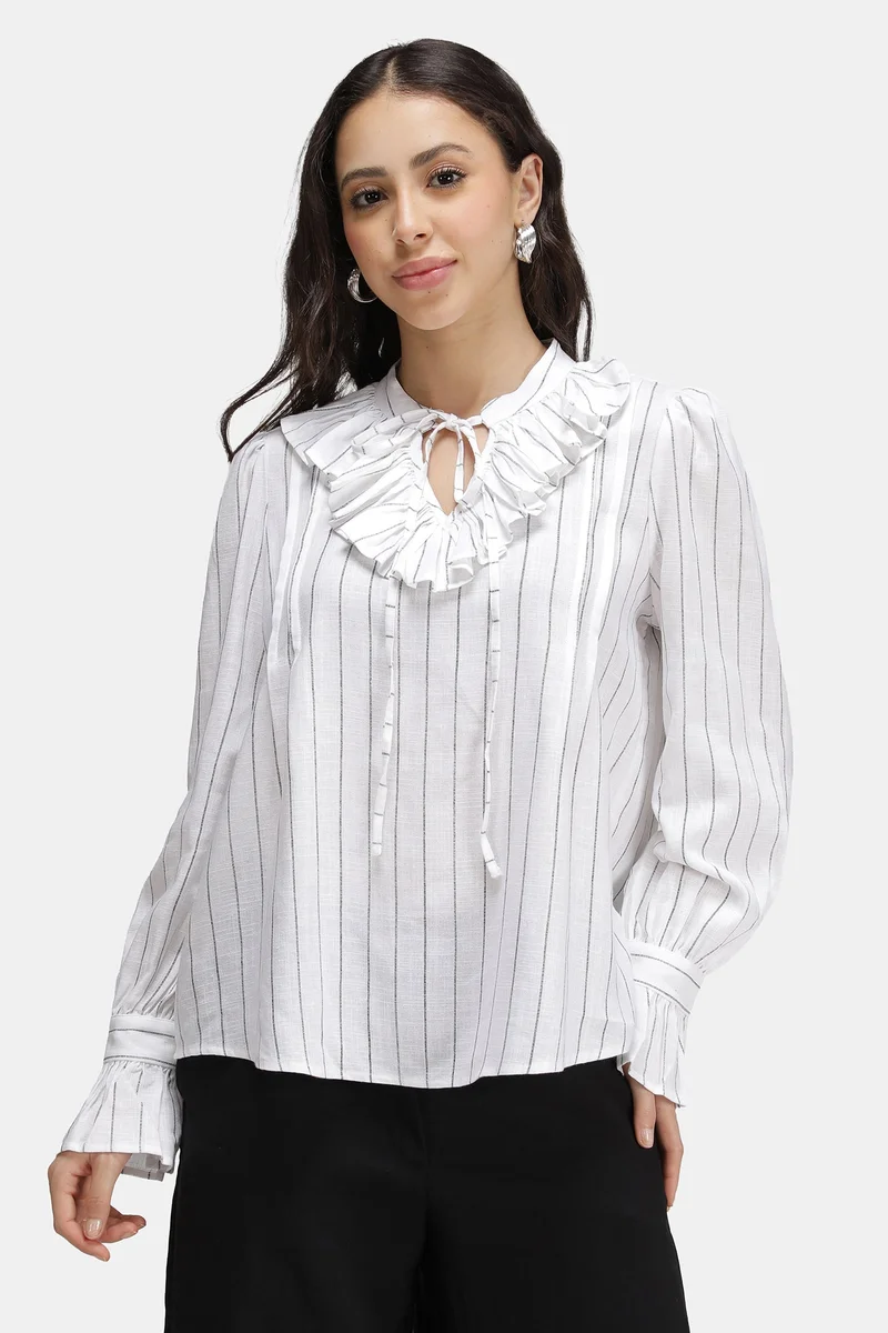 Virgio Stripes Linen Striped Ruffle Neck Top for Women