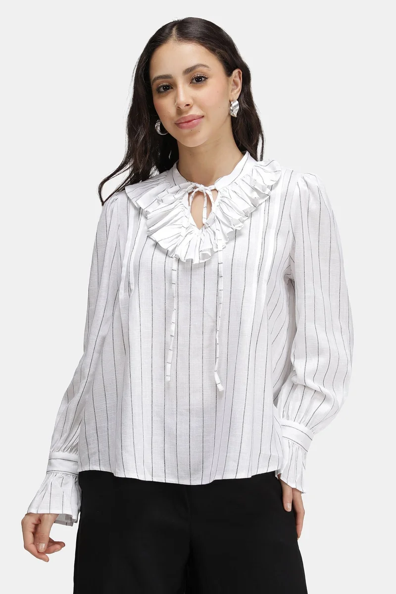 فيرجيو Stripes Linen Striped Ruffle Neck Top for Women