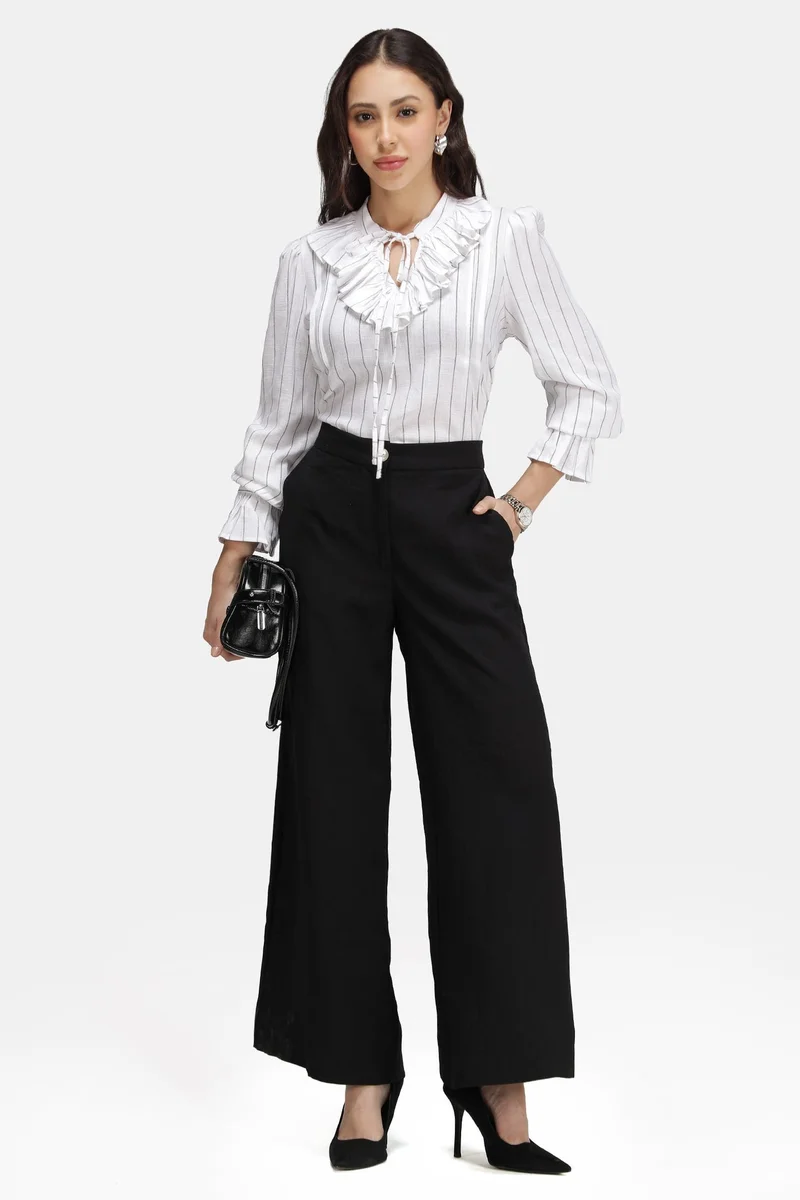 فيرجيو Stripes Linen Striped Ruffle Neck Top for Women