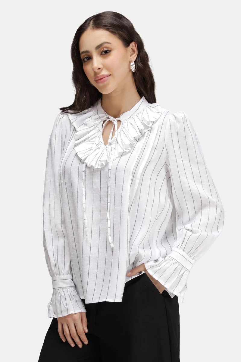 Virgio Stripes Linen Striped Ruffle Neck Top for Women
